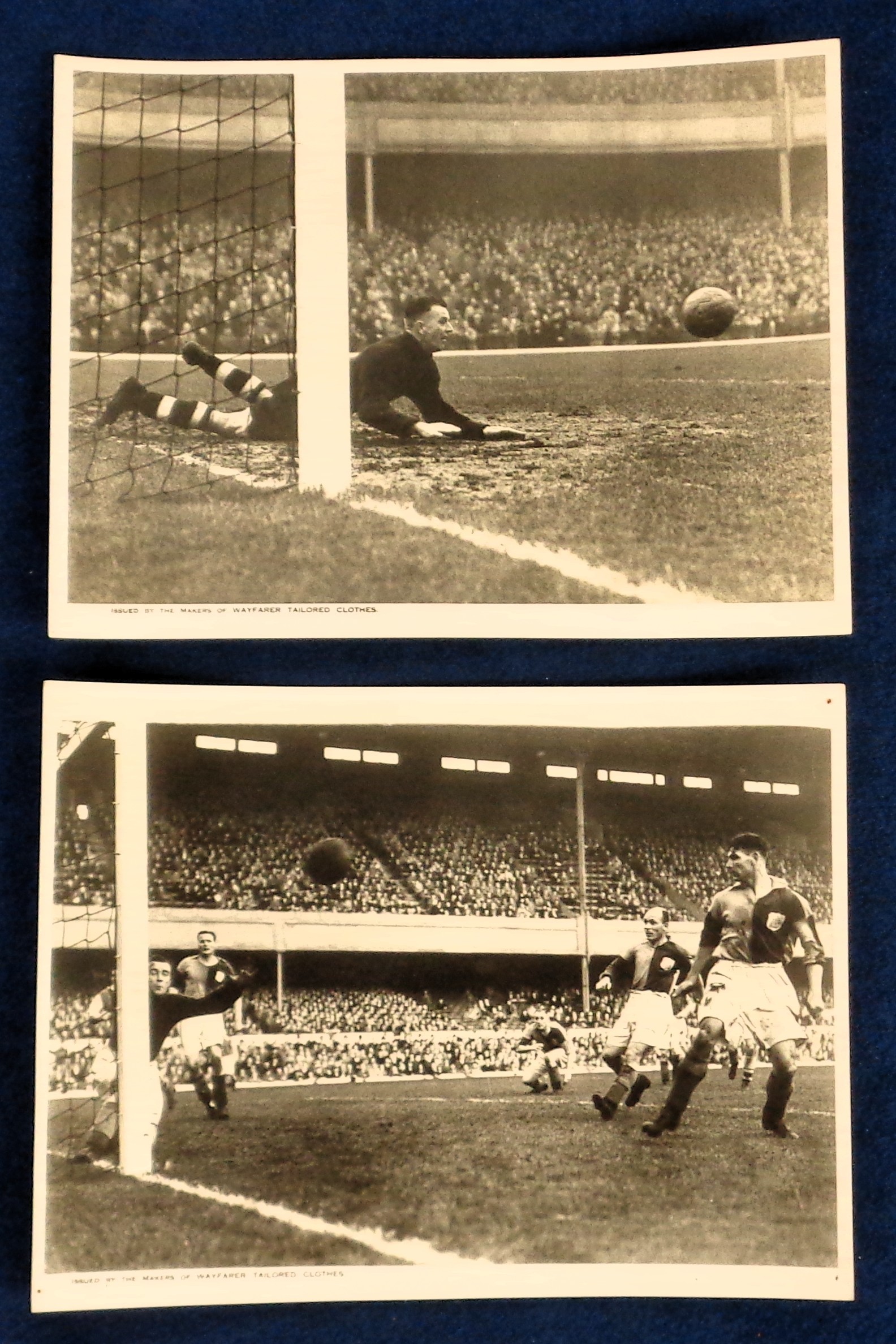 Trade cards, Wayfarer Clothes, two b/w photographic cards both featuring Arsenal matches, one v