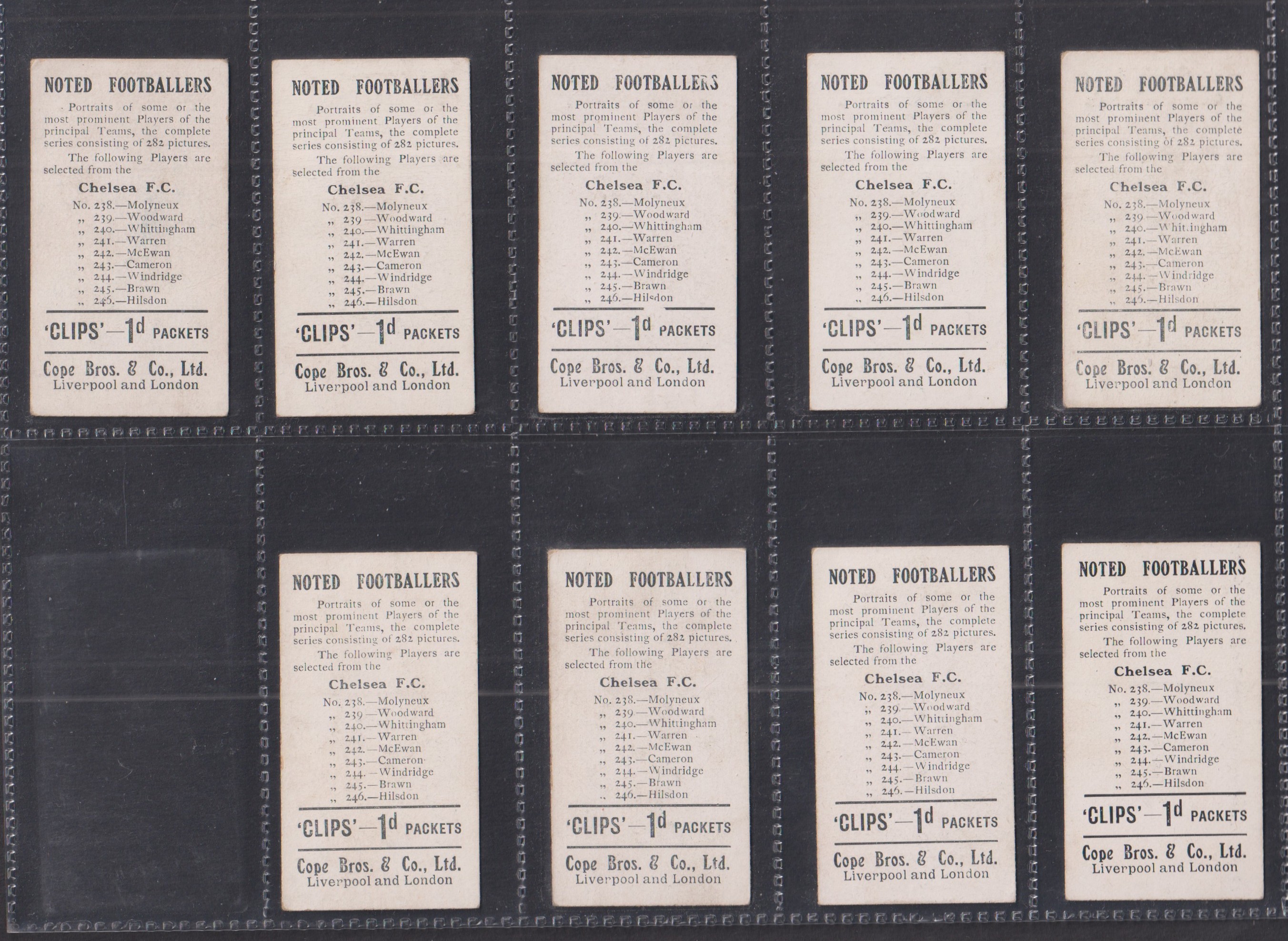Cigarette cards, Cope's, Noted Footballers (Clips, 282 subjects), Chelsea, nine cards nos 238, - Image 2 of 2