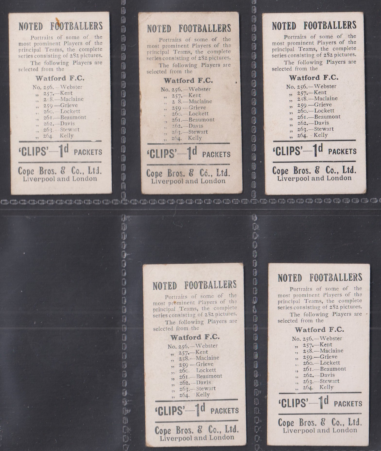 Cigarette cards, Cope's, Noted Footballers (Clips, 282 subjects), Watford, five cards nos 257, - Image 2 of 2