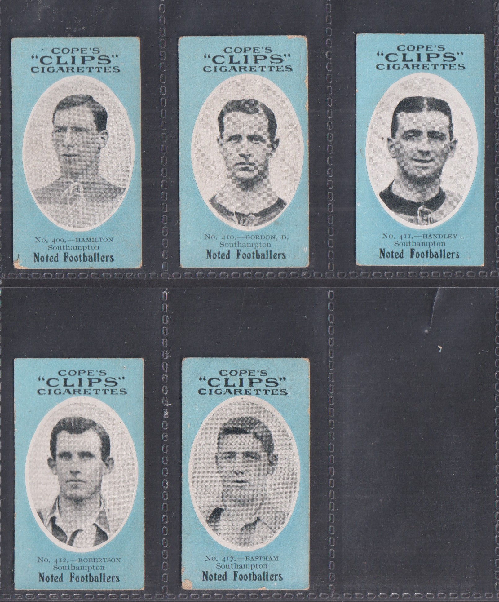 Cigarette cards, Cope's, Noted Footballers (Clips, 500 subjects), Southampton, 5 cards, nos 409,