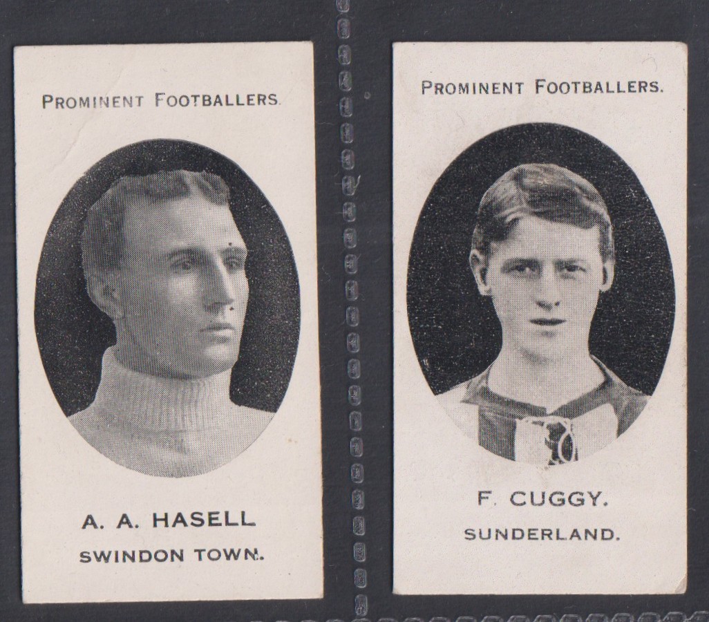 Cigarette cards, Taddy Prominent Footballers (London Mixture), two cards, A.A. Hasell, Swindon