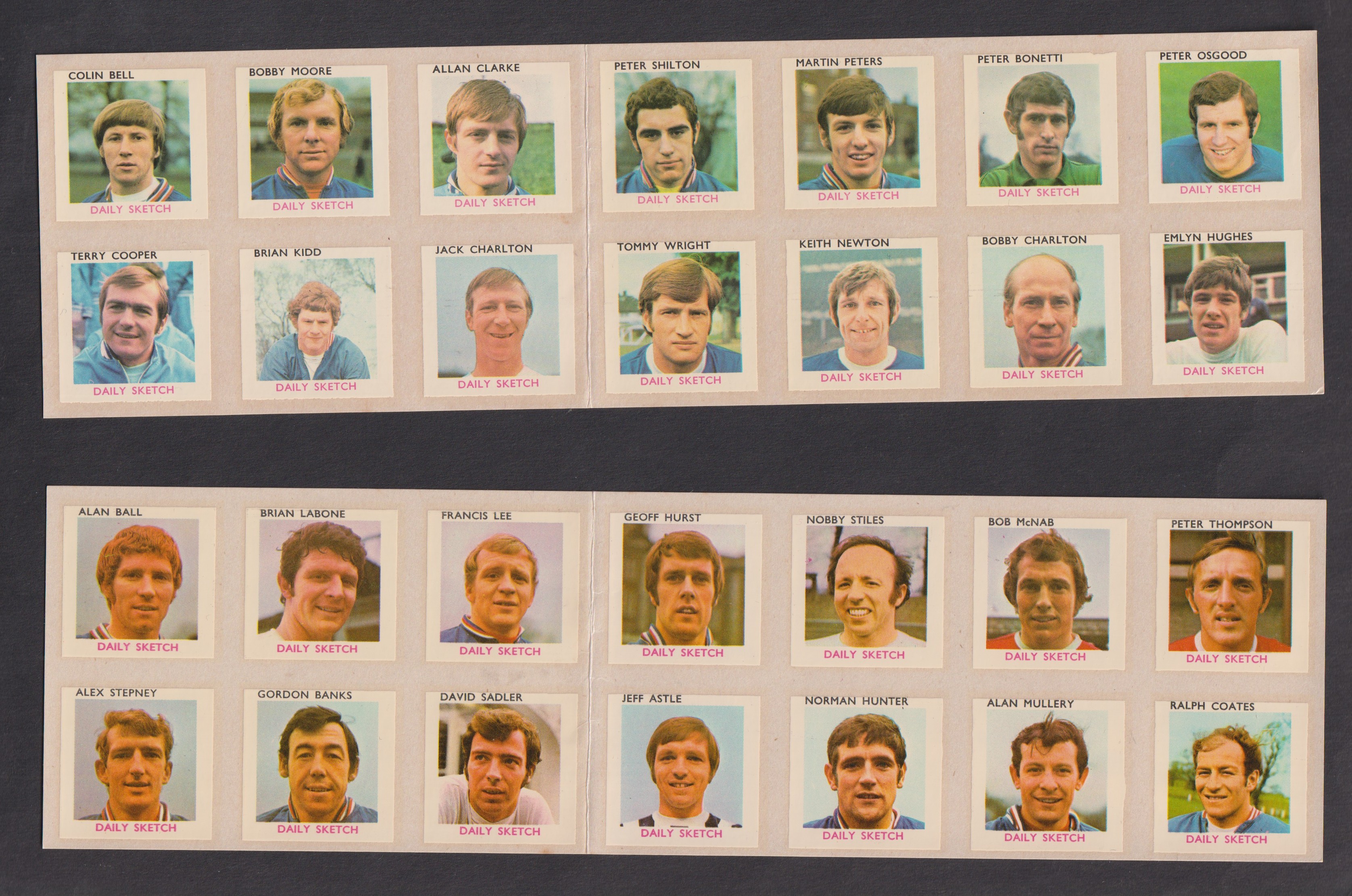 Trade cards, Daily Sketch, World Cup Football Transfers, 1970 (set of 28 transfers on two sheets