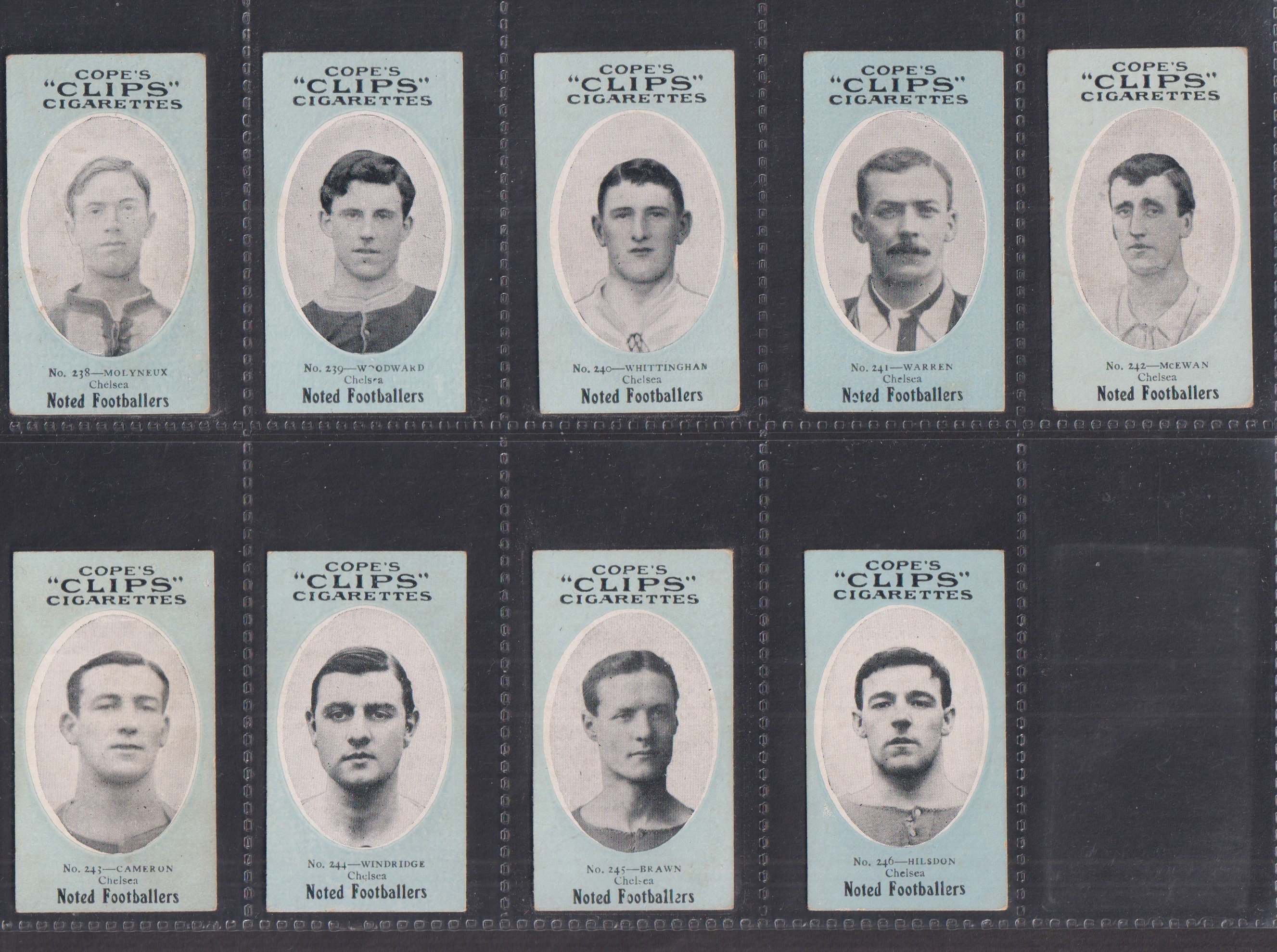 Cigarette cards, Cope's, Noted Footballers (Clips, 282 subjects), Chelsea, nine cards nos 238,