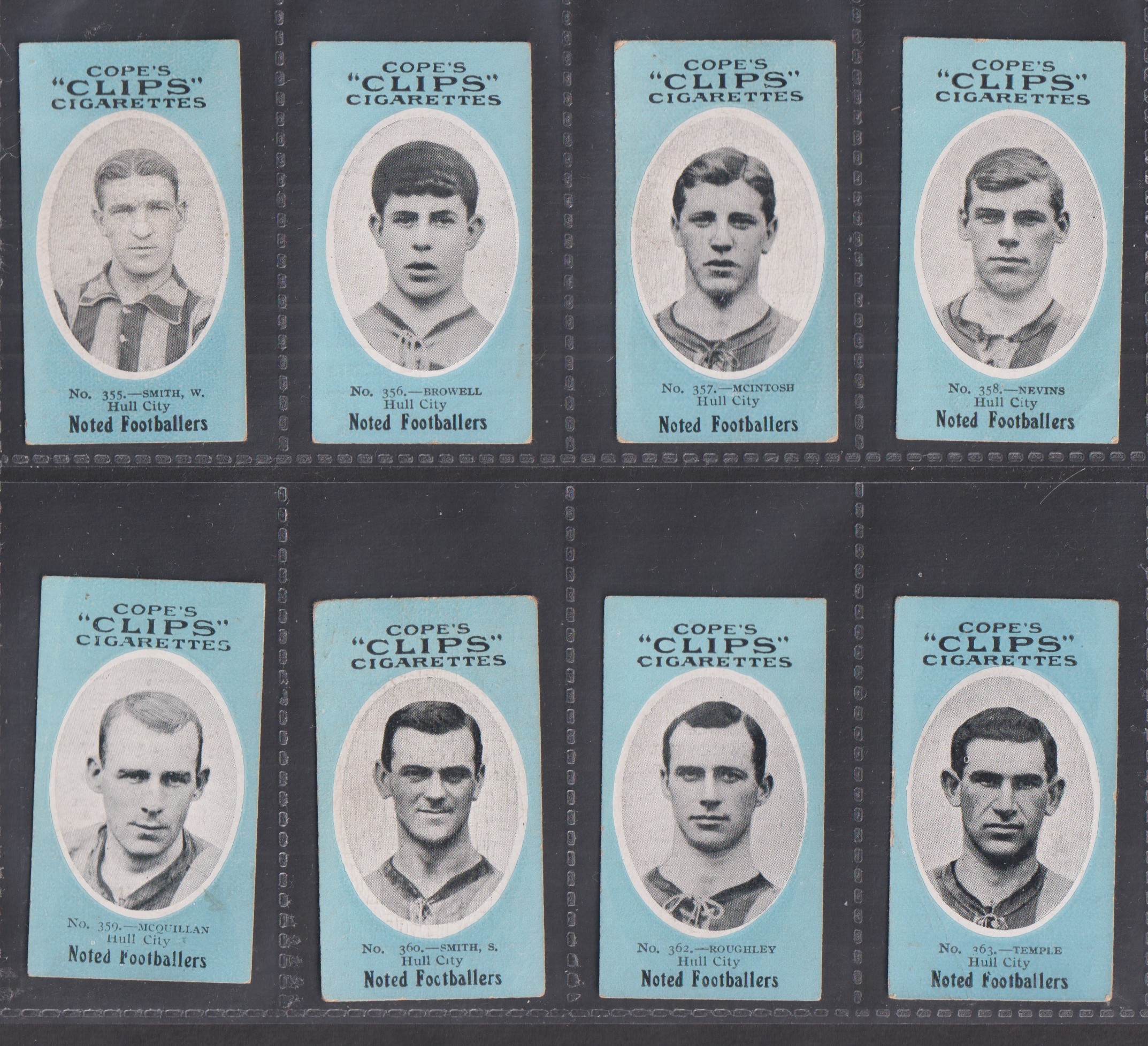 Cigarette cards, Cope's, Noted Footballers (Clips, 500 subjects), Hull City, 8 cards, nos 355,