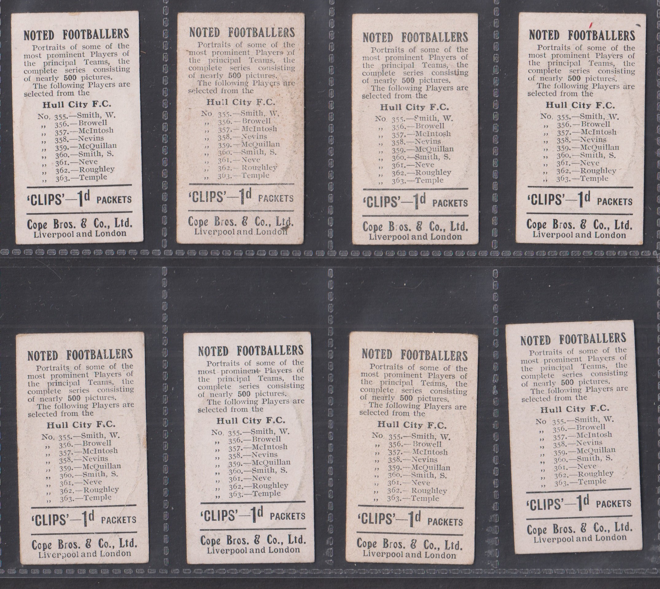 Cigarette cards, Cope's, Noted Footballers (Clips, 500 subjects), Hull City, 8 cards, nos 355, - Image 2 of 2