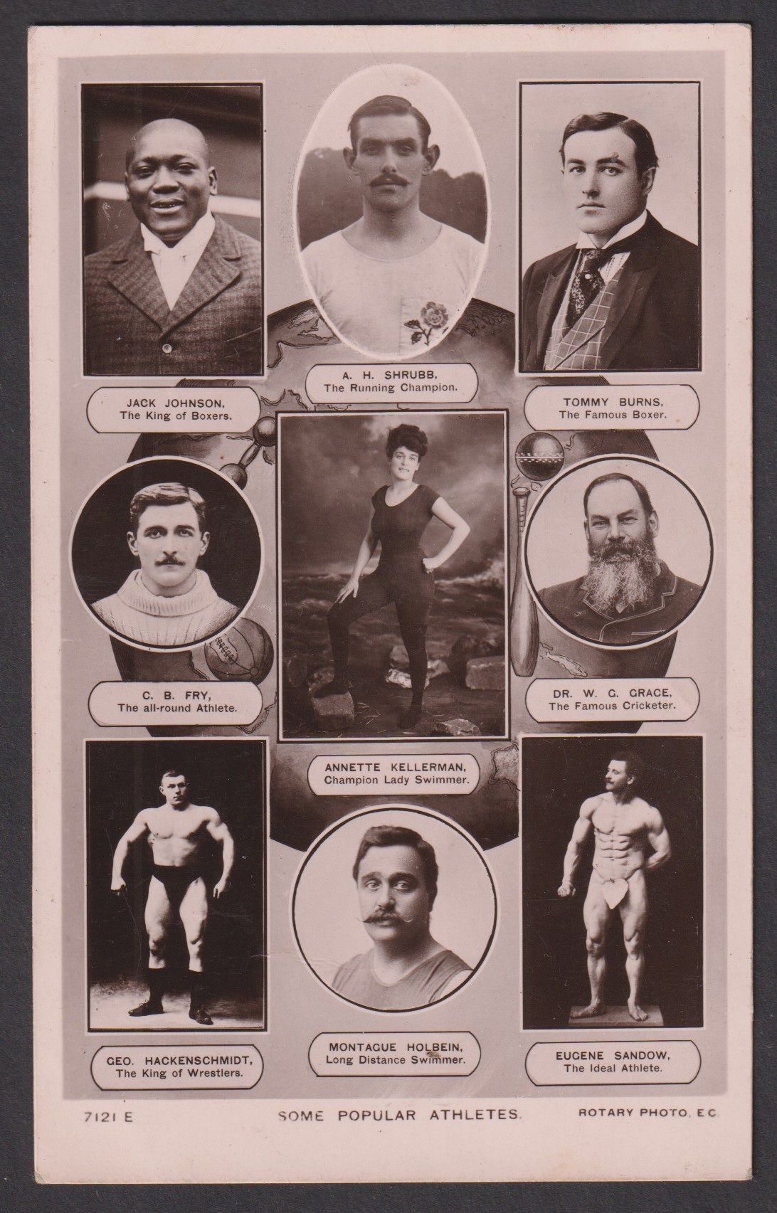 Jack Johnson, Dr W.G. Grace, C.B Fry etc, Sporting Icons, a postcard, Rotary Photographic postcard