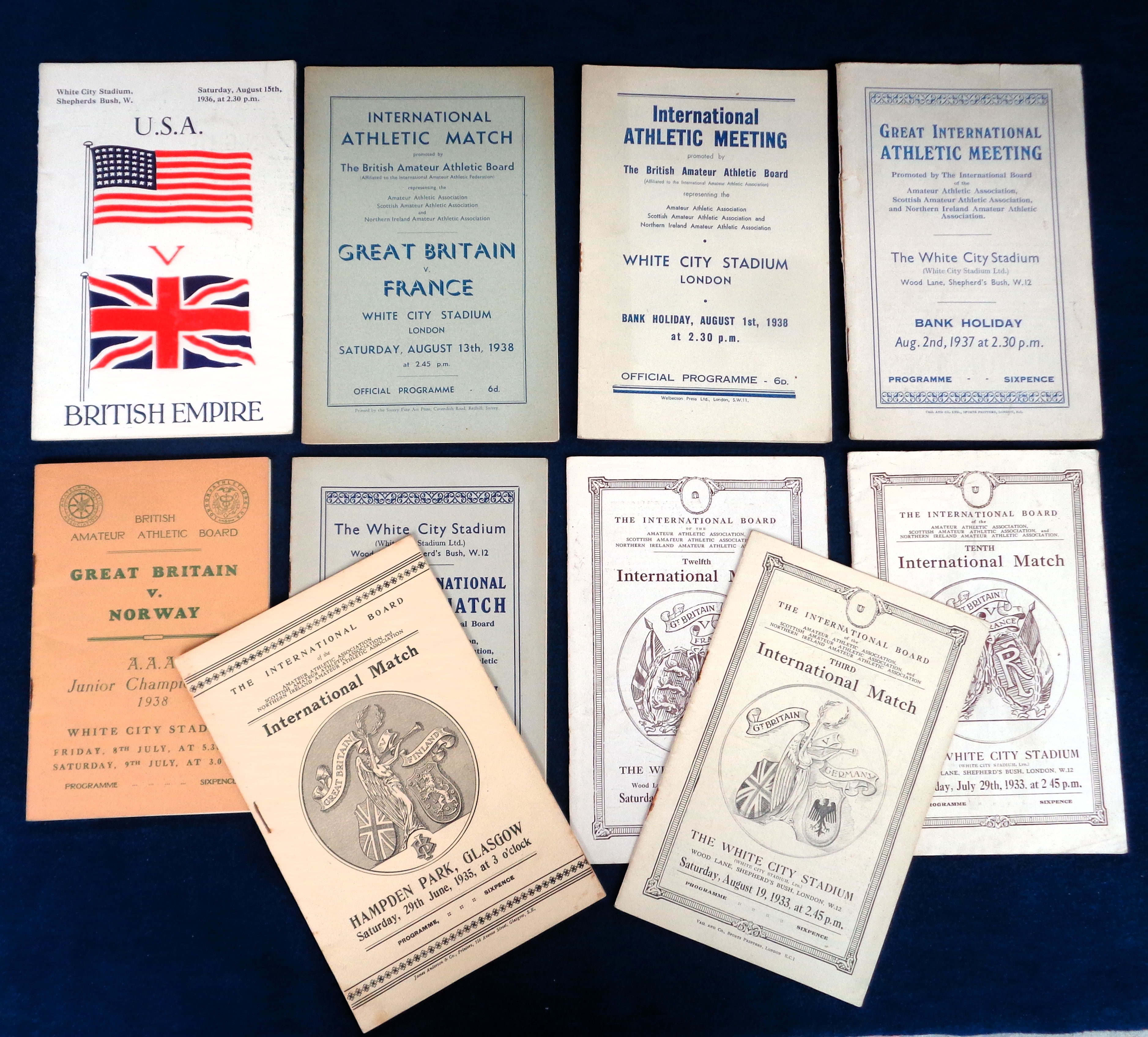 Athletics, a collection of ten 1930's International Match Programmes, 9 held at White City London