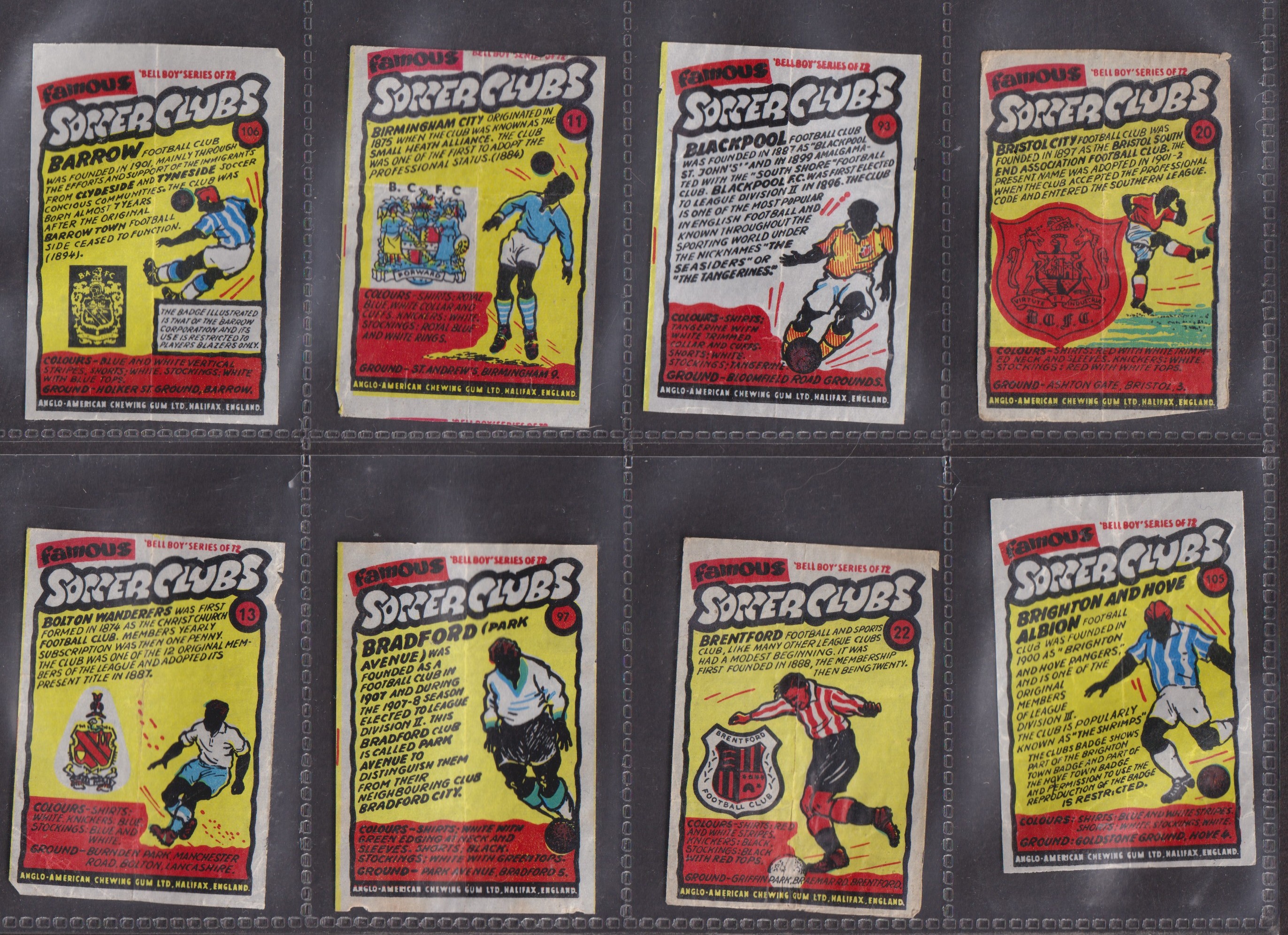 Trade cards, Anglo American Chewing Gum, Famous Soccer Clubs (Wax Wrappers) 82 wrappers (some with