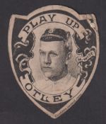 Trade card, M.C. Wise, Wheat Sheaf Inn, Otley, shield shaped card, printed by Richardson, 'Play Up