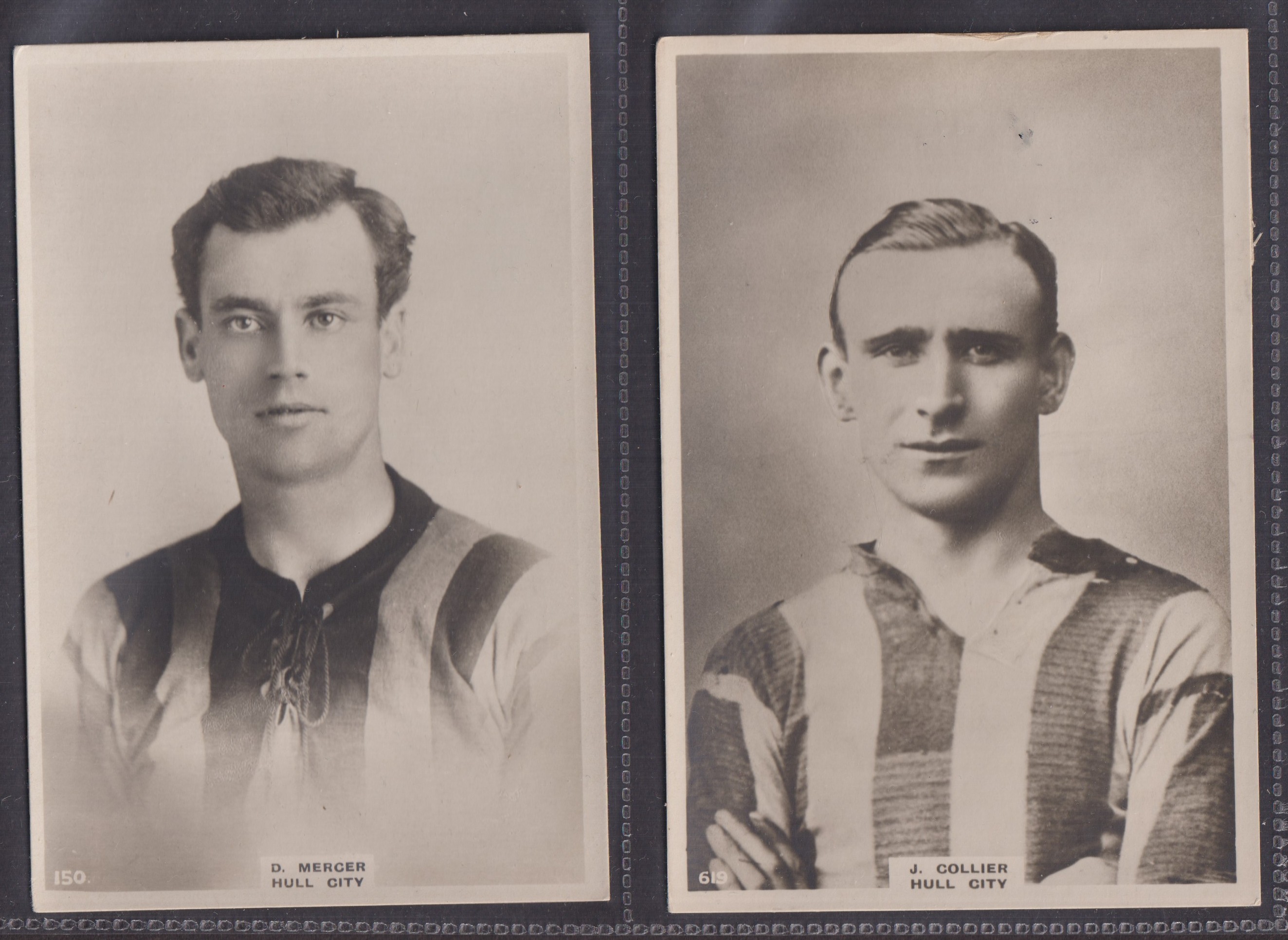 Cigarette cards, Phillip's, Footballers, (Premium Issue), 2 cards, no 150 D Mercer & no 619 J
