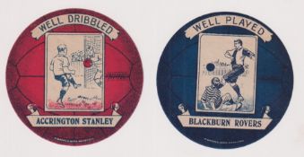 Trade cards, Baines, Football cards, 2 circular cards 'Well Played Blackburn Rovers' and 'Well