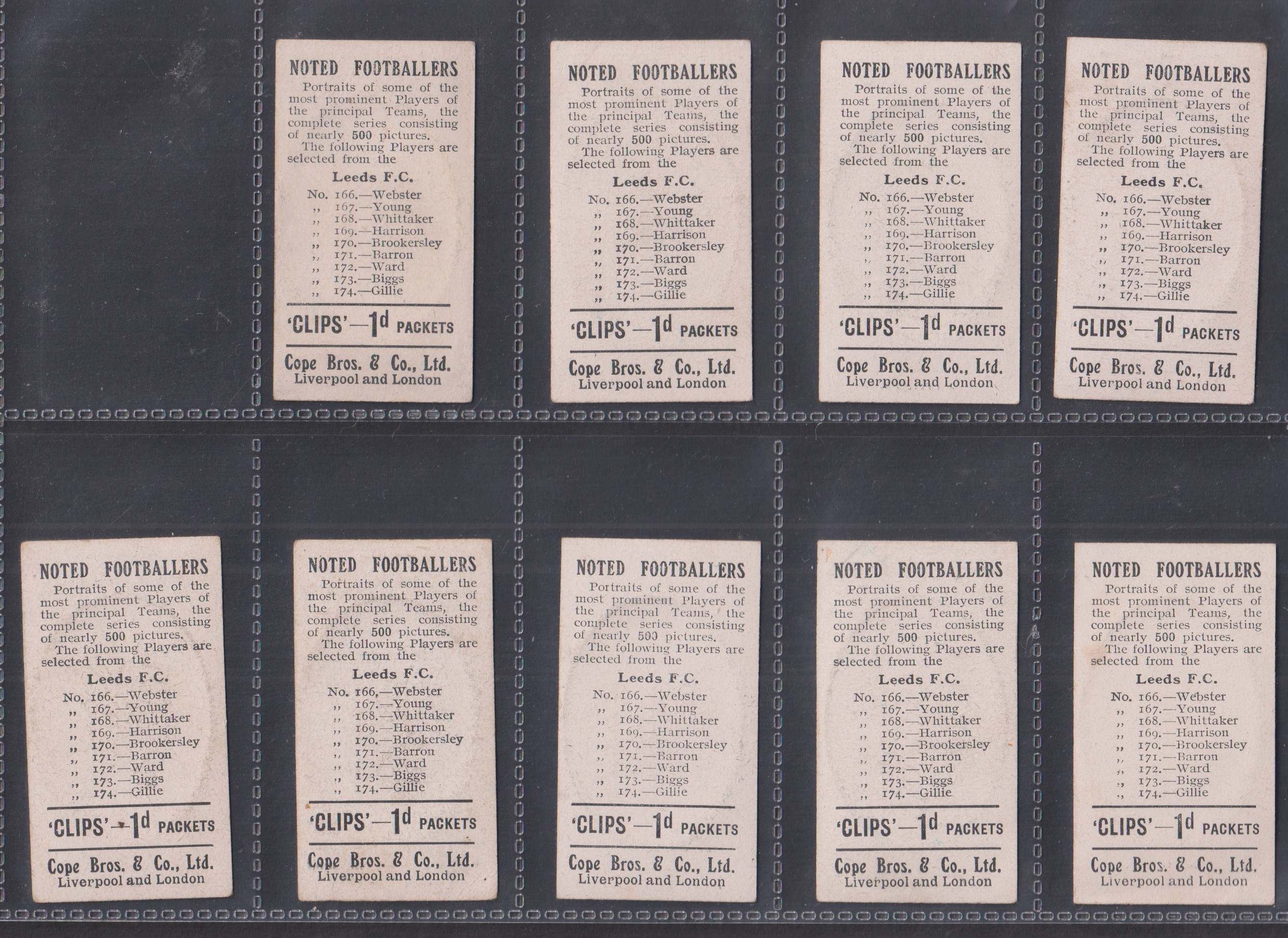 Cigarette cards, Cope's, Noted Footballers (Clips, 500 subjects), Leeds Utd, 9 cards, nos 166, - Image 2 of 2