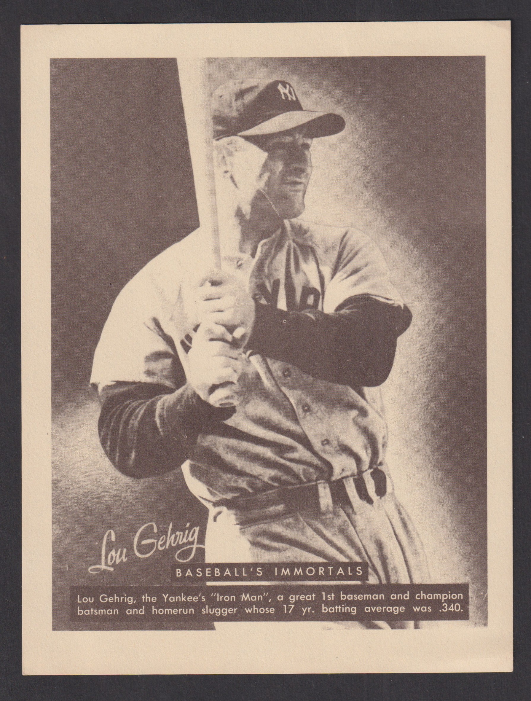 Trade card, USA, Leaf Gum, Baseball's Immortals Series (1948), Lou Gehrig, ref. R401-4, 18.5 x 14.