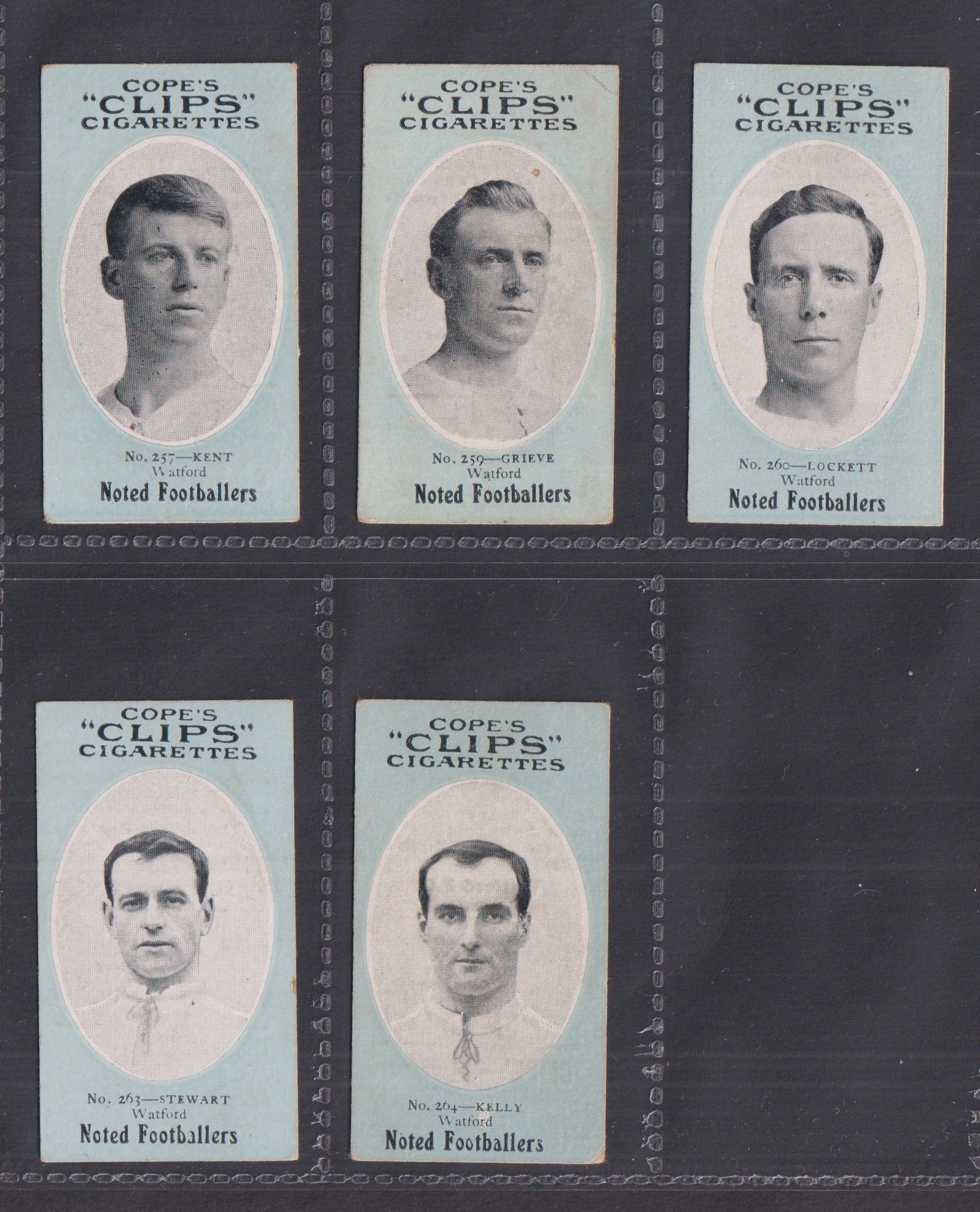 Cigarette cards, Cope's, Noted Footballers (Clips, 282 subjects), Watford, five cards nos 257,