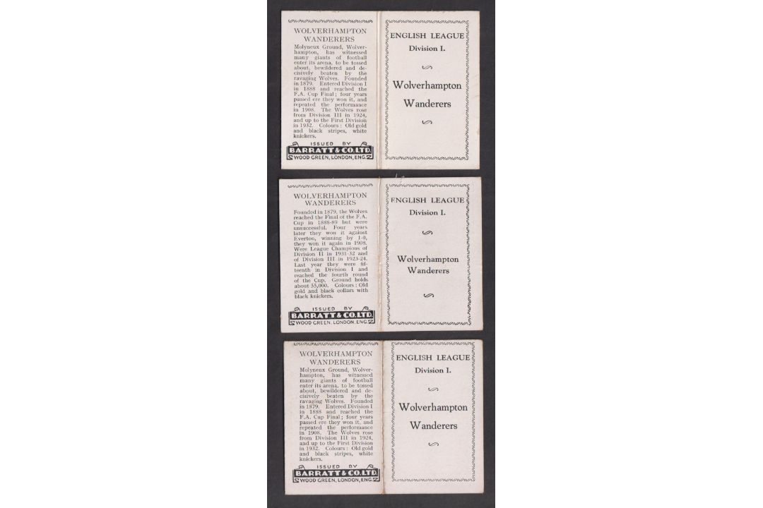 Trade cards, Barratt's, Football Team Folders, Wolverhampton Wanderers, three cards, 1932, 1933 & - Image 2 of 2