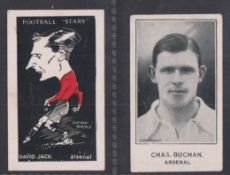 Trade cards, Barratt's, two cards, Football Stars (caricatures), David Jack of Arsenal & Cricketers,