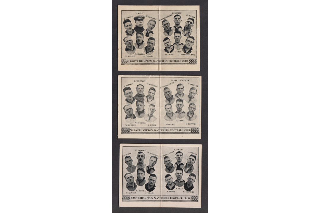 Trade cards, Barratt's, Football Team Folders, Wolverhampton Wanderers, three cards, 1932, 1933 & - Image 1 of 2