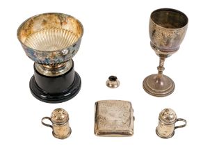 A silver goblet - Birmingham 1887, engraved with foliage, together with two peppers, a small rose