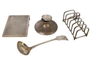 A six division silver toast rack - Birmingham 1931, together with a sifter spoon, a capstan