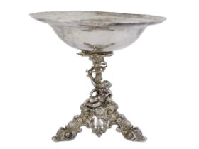 A Victorian and later Elkington comport - the associated bowl on a rustic support with a putto and