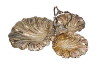 A silver plated hors d'oeuvres dish - with three conjoined scallop shaped dishes, the center with