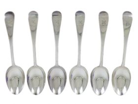 Six silver Old English pattern dessert spoons - Sheffield 1900, John Round & Son, engraved with