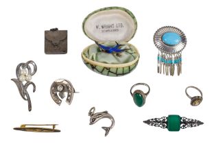 A small quantity of silver and white metal jewellery - including an enamel brooch modelled as a