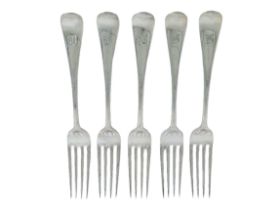 A set of five silver Old English pattern table forks - Sheffield 1901, John Round & Son, engraved