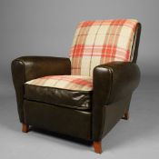 GREEN LEATHER AND CHECK FABRIC CLUB ARMCHAIR