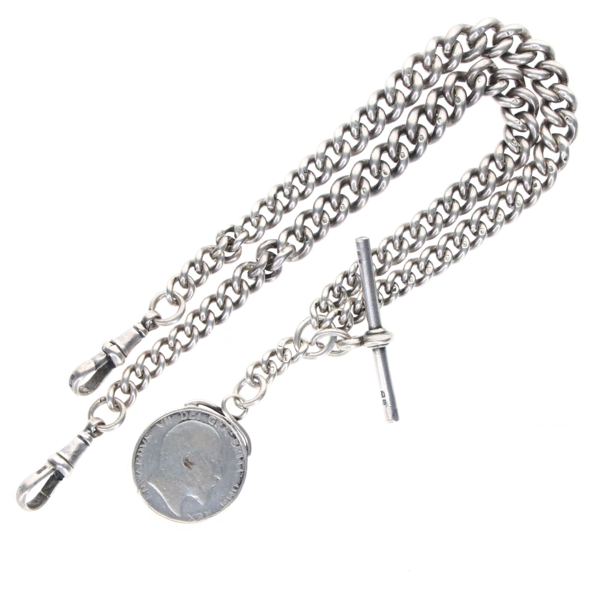 Watch Chain Token Antique Sterling Silver Albert Watch Chain with Coin Fob. Stamped in ...