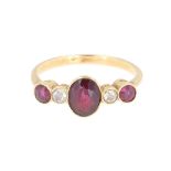 Ruby Garnet and Diamond Bezel Set Gold Ring, 2.5g