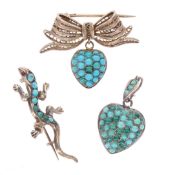 Antique Turquoise Silver Forget Me Not Jewellery Collection including Hearts, Lizard, 12.1g