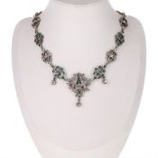 Antique Silver Necklace with Green and White Paste, 44g