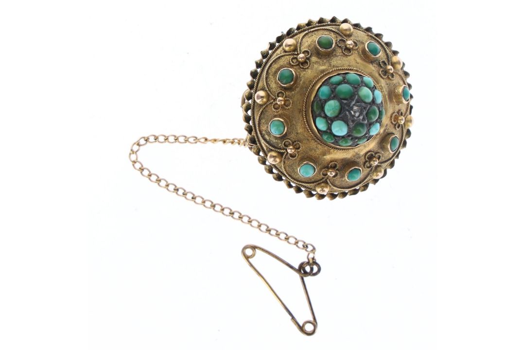 Antique Turquoise Gold Front Brooch, 8.8g - Bild 1 aus 2