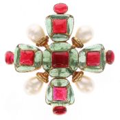 Chanel Gripoix Pate De Verre Glass Cabochons and Simulated Pearl Brooch