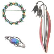 Antique and Later Silver Enamel Brooch Collection including Charles Horner, Arts & Crafts, 18.1g