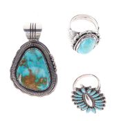 Native American Turquoise Silver Jewellery Collection including William and Cora Vandeuer, 53.6g