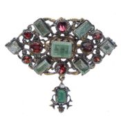 Austro-Hungarian Garnet and Emerald 800 Silver Gilt Brooch, 17g