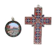 Silver Enamel Pendants including Cross, Souvenir, Antique, 14.5g