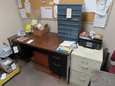Desk Contents, File Cabinet, Printer, Cork Board (Not Included Gray Metal Parts Cabinet & Content
