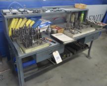 Steel Work Table & Contents - Drill Bits, Reamers, End Mills, Toolholders, Setup Pins & Parallels,