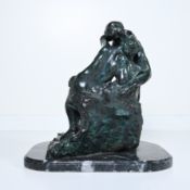 Rodin, The Kiss, green patinated bronze sculpture on marble base, posthumous edition