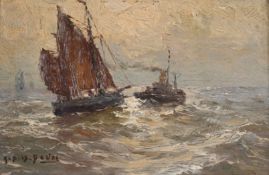 Albert Isidore Devos (1868–1950), oil on panel, boats on rough seas, signed