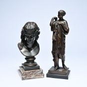 Bronze sculpture of Diana of Gabii (Artemis), signed Rusca. Gr. and a bronze buste of Ariadne on a m