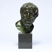 Green patinated bronze bust of the head of Pseudo-Seneca on a marble base, 'Grand Tour' replica circ