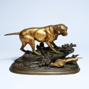 Edouard Paul DELABRIERRE (1829–1912), partially gilded 19th-century bronze, Hunting dog with pheasan