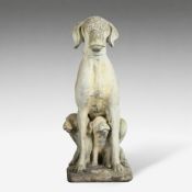 Garden statue made of crushed stone, a dog (Labrador) with her puppies