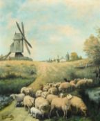 Paul SCHOUTEN (1860-1922), oil on canvas, Flock of sheep at the mill, signed