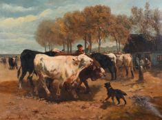 Henry SCHOUTEN (1857–1927), Oil on canvas, Cowherds with a dog, signed