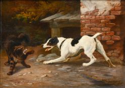 Jef Louis VAN LEEMPUTTEN (1867–1948), oil on panel, Cat and Dog, signed